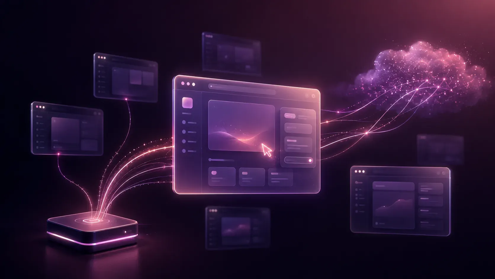 Conceptual illustration of floating browser windows in pink and purple, light streams linking a local device to a distant data cloud.