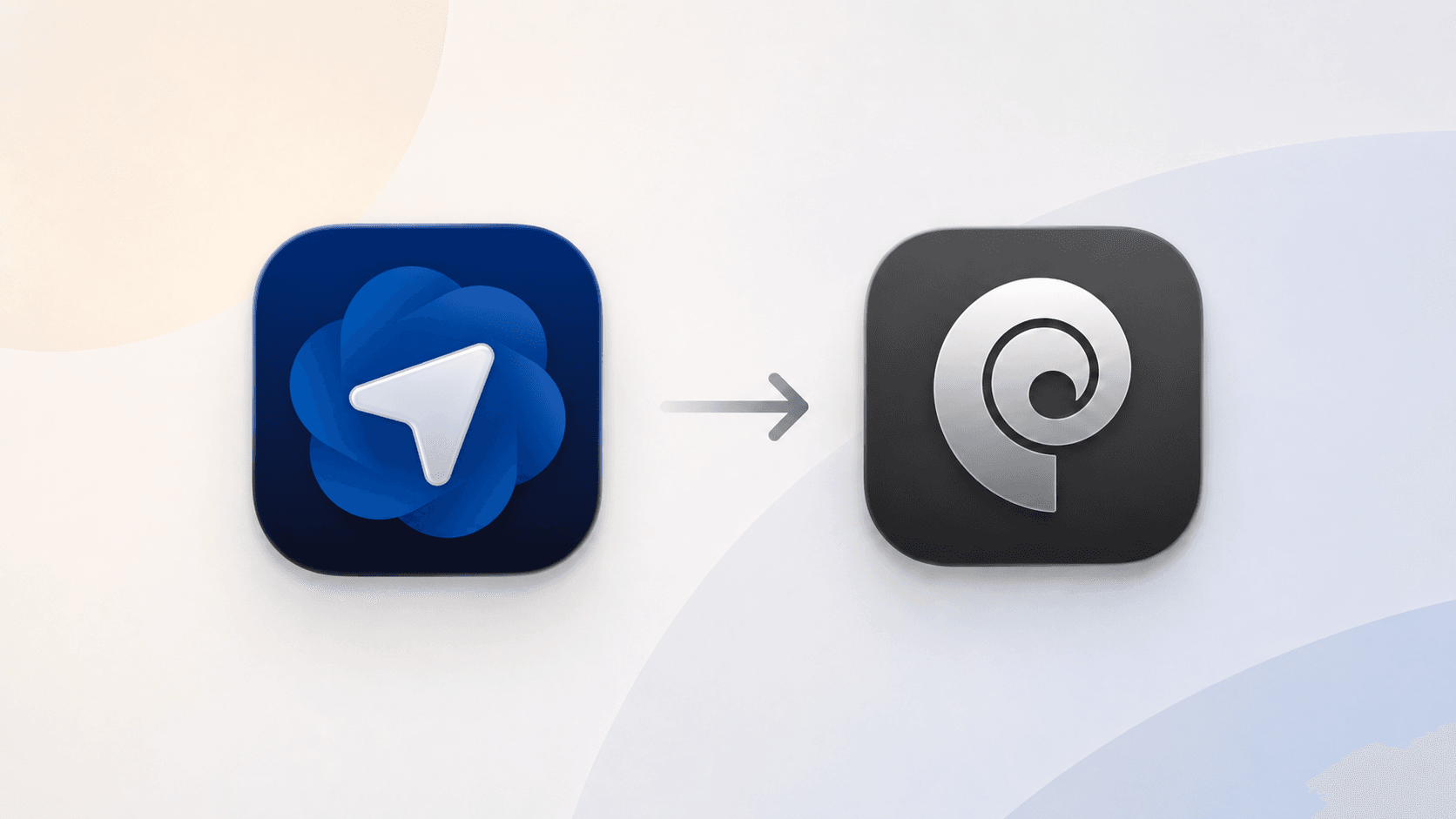 A clean Apple-style illustration showing a dark blue ChatGPT Atlas app icon on the left and a dark Phi Browser app icon on the right, connected by a simple right-pointing arrow to suggest moving from ChatGPT Atlas to Phi Browser as an alternative.